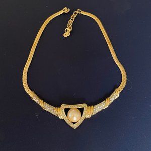 VTNG CHRISTIAN DIOR SNAKE CHAIN NECKLACE CHAMPAGNE PEARL RHINESTONE PENDANT